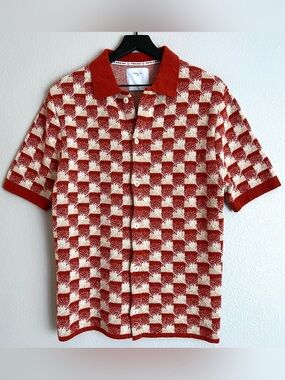 Percival Knitted bouclé polo Button Shirt Size L Orange
